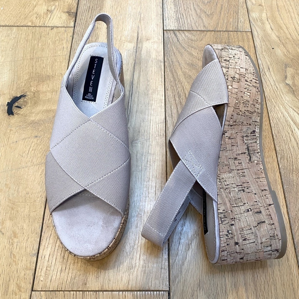 Beige sandals stretch platform wedge sling back sandals